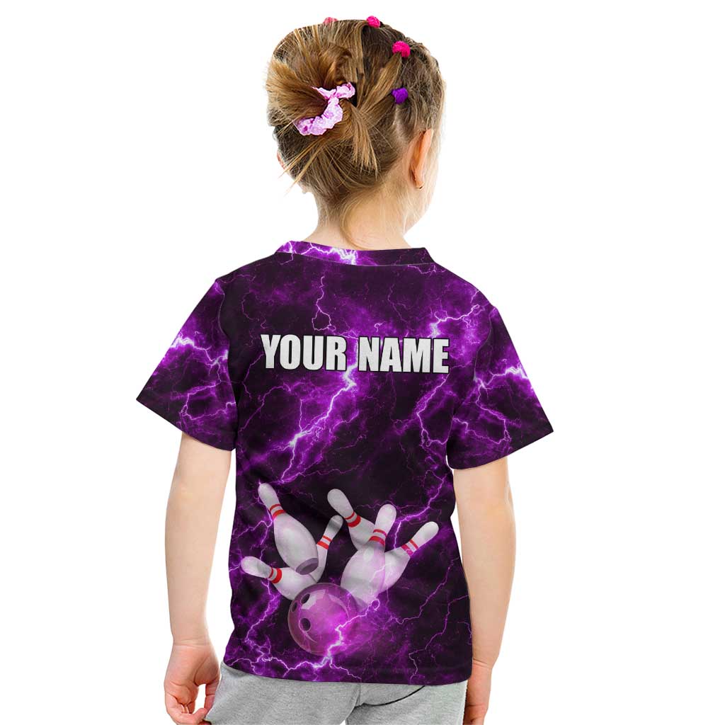 Bowling Ball and Pins Kid T Shirt Purple Lightning Background and Custom Name Design - Wonder Print Shop