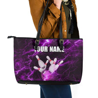 Bowling Ball and Pins Leather Tote Bag Purple Lightning Background and Custom Name Design - Wonder Print Shop