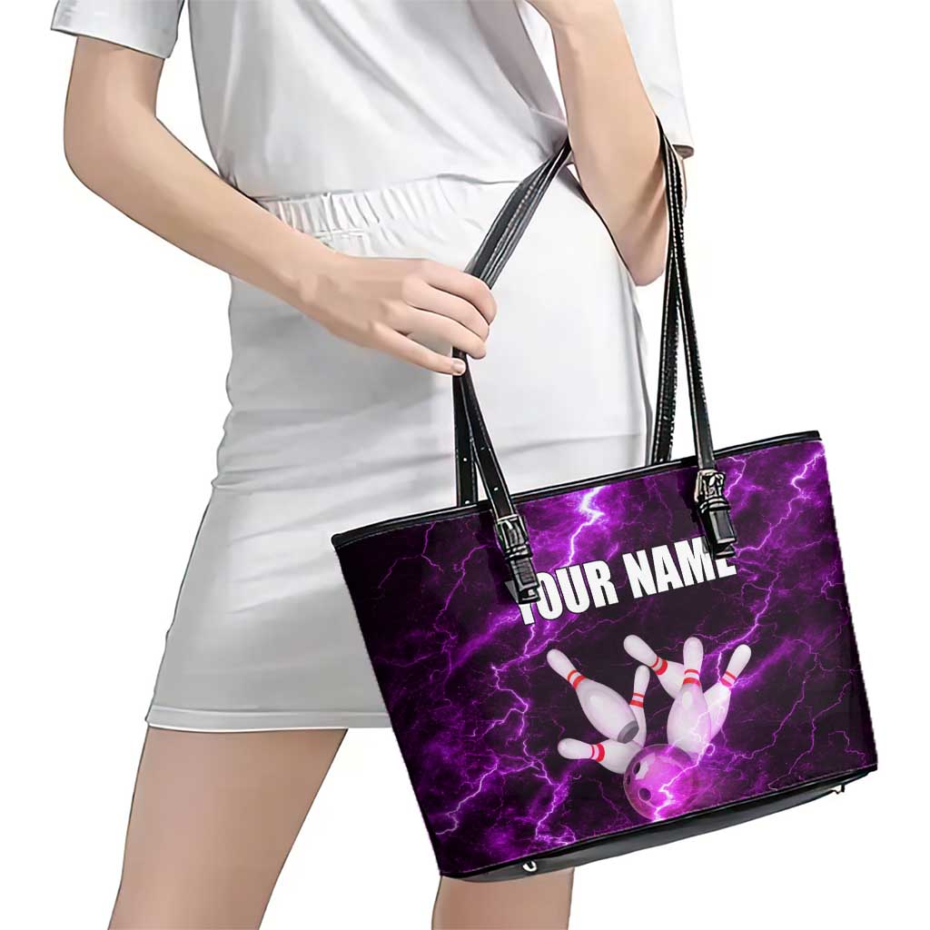 Bowling Ball and Pins Leather Tote Bag Purple Lightning Background and Custom Name Design - Wonder Print Shop