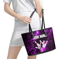 Bowling Ball and Pins Leather Tote Bag Purple Lightning Background and Custom Name Design - Wonder Print Shop