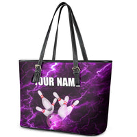 Bowling Ball and Pins Leather Tote Bag Purple Lightning Background and Custom Name Design - Wonder Print Shop