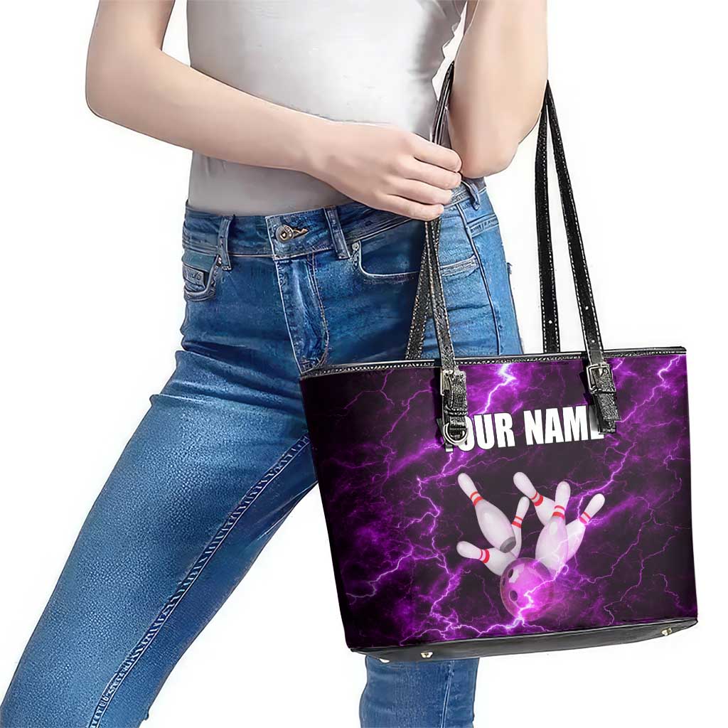 Bowling Ball and Pins Leather Tote Bag Purple Lightning Background and Custom Name Design - Wonder Print Shop