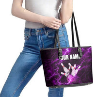Bowling Ball and Pins Leather Tote Bag Purple Lightning Background and Custom Name Design - Wonder Print Shop