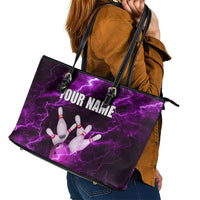 Bowling Ball and Pins Leather Tote Bag Purple Lightning Background and Custom Name Design - Wonder Print Shop