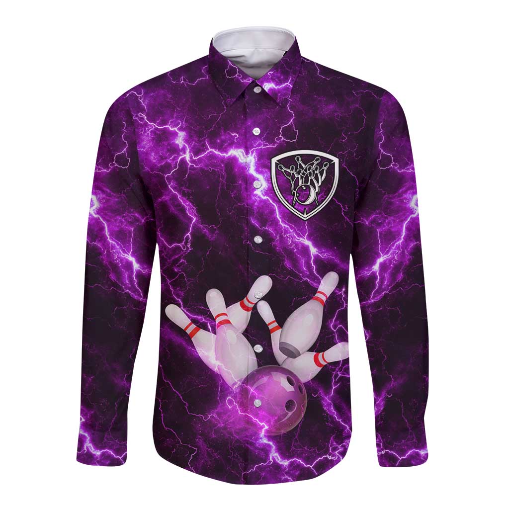 Bowling Ball and Pins Long Sleeve Button Shirt Purple Lightning Background and Custom Name Design - Wonder Print Shop