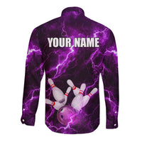 Bowling Ball and Pins Long Sleeve Button Shirt Purple Lightning Background and Custom Name Design - Wonder Print Shop