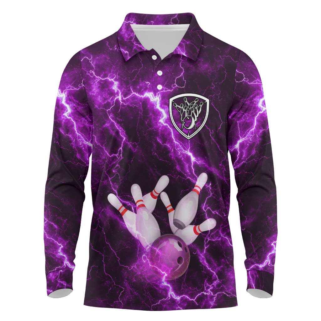 Bowling Ball and Pins Long Sleeve Polo Shirt Purple Lightning Background and Custom Name Design - Wonder Print Shop