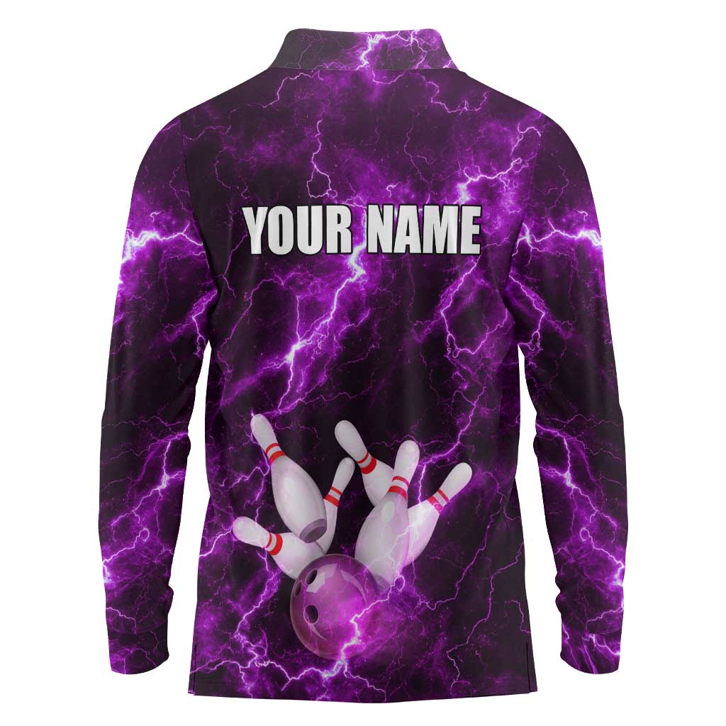 Bowling Ball and Pins Long Sleeve Polo Shirt Purple Lightning Background and Custom Name Design - Wonder Print Shop
