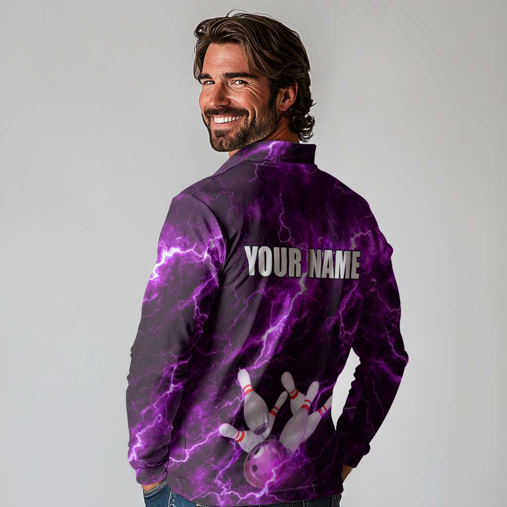 Bowling Ball and Pins Long Sleeve Polo Shirt Purple Lightning Background and Custom Name Design - Wonder Print Shop