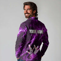 Bowling Ball and Pins Long Sleeve Polo Shirt Purple Lightning Background and Custom Name Design - Wonder Print Shop