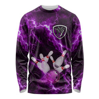 Bowling Ball and Pins Long Sleeve Shirt Purple Lightning Background and Custom Name Design - Wonder Print Shop