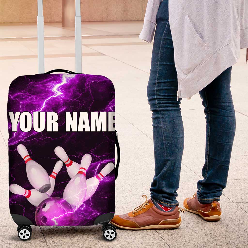 Bowling Ball and Pins Luggage Cover Purple Lightning Background and Custom Name Design - Wonder Print Shop