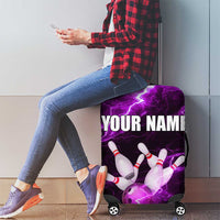 Bowling Ball and Pins Luggage Cover Purple Lightning Background and Custom Name Design - Wonder Print Shop