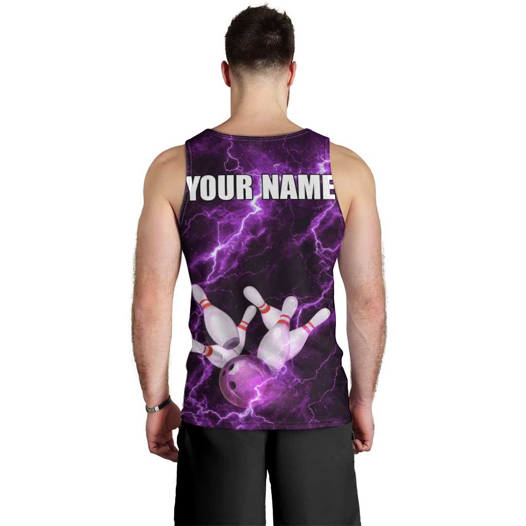 Bowling Ball and Pins Men Tank Top Purple Lightning Background and Custom Name Design - Wonder Print Shop