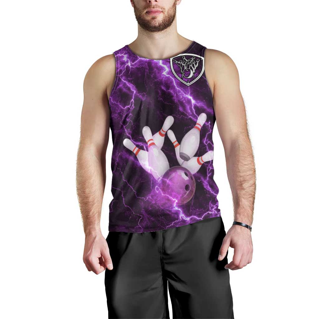 Bowling Ball and Pins Men Tank Top Purple Lightning Background and Custom Name Design - Wonder Print Shop