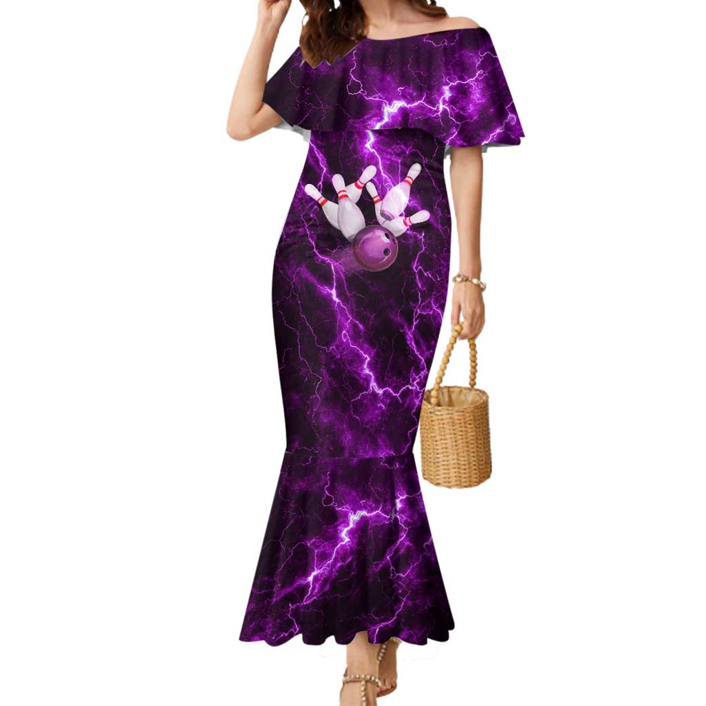 Bowling Ball and Pins Mermaid Dress Purple Lightning Background and Custom Name Design - Wonder Print Shop