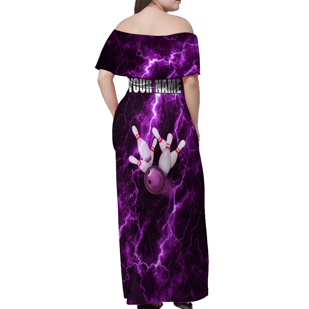 Bowling Ball and Pins Off Shoulder Maxi Dress Purple Lightning Background and Custom Name Design - Wonder Print Shop