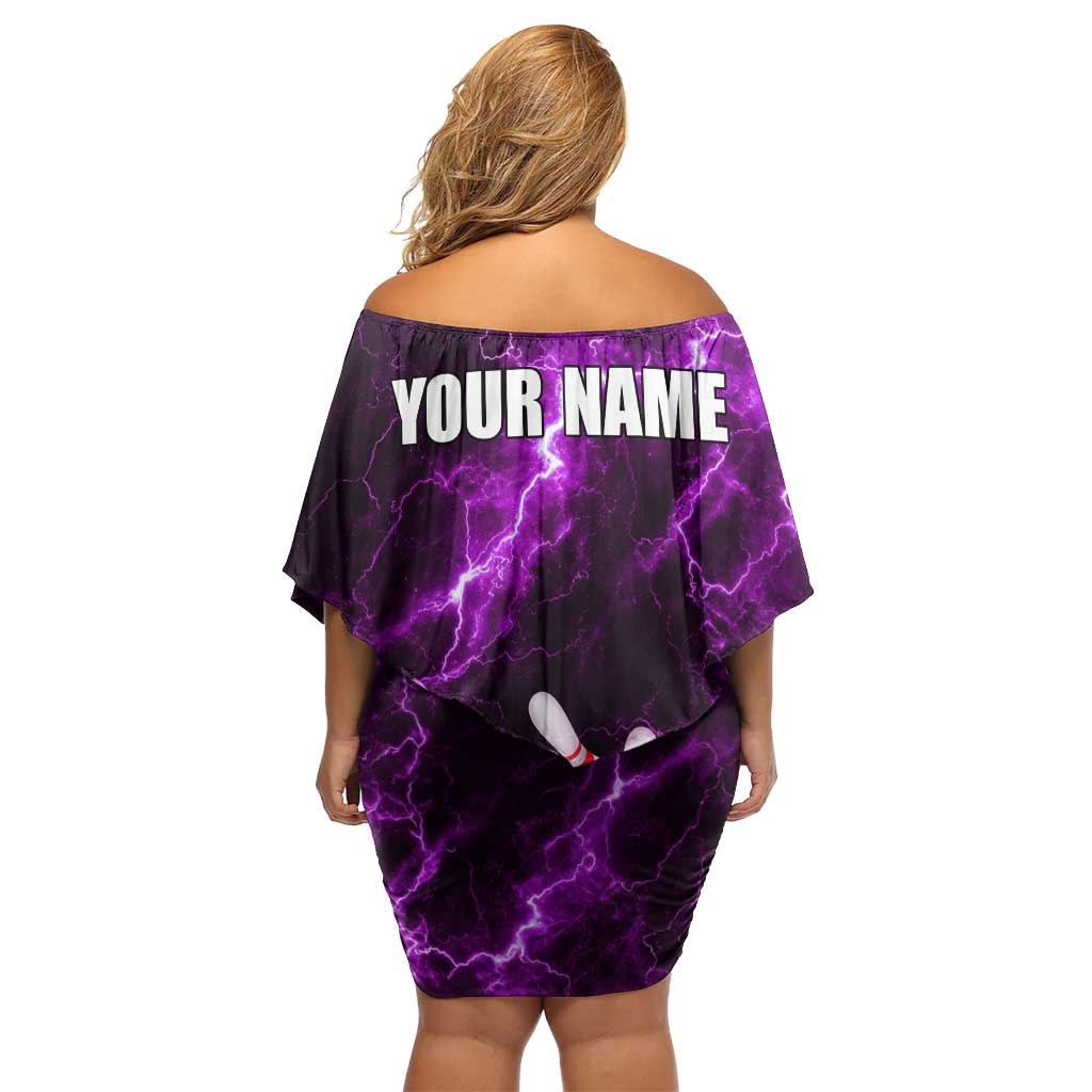 Bowling Ball and Pins Off Shoulder Short Dress Purple Lightning Background and Custom Name Design - Wonder Print Shop