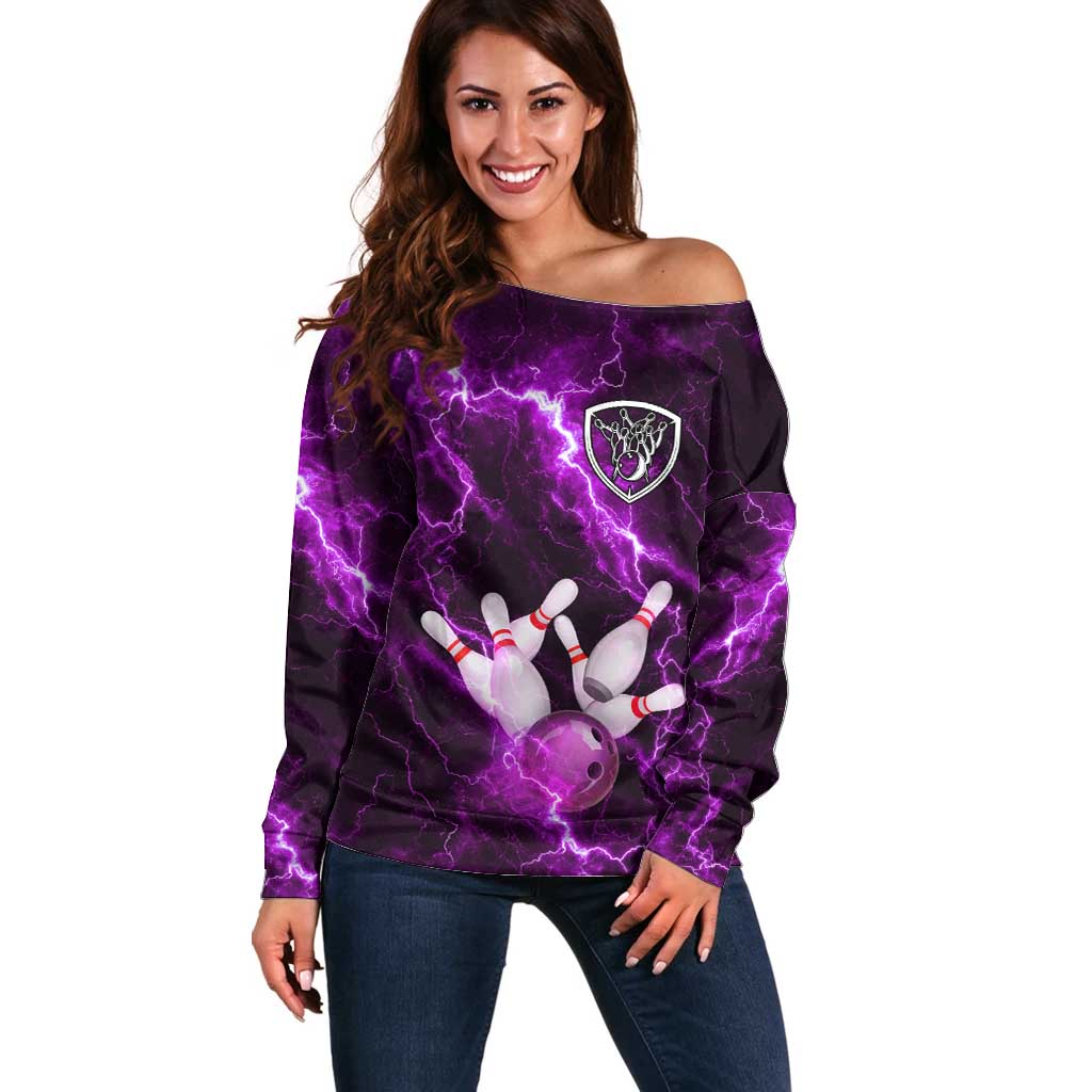 Bowling Ball and Pins Off Shoulder Sweater Purple Lightning Background and Custom Name Design - Wonder Print Shop