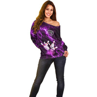 Bowling Ball and Pins Off Shoulder Sweater Purple Lightning Background and Custom Name Design - Wonder Print Shop