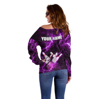 Bowling Ball and Pins Off Shoulder Sweater Purple Lightning Background and Custom Name Design - Wonder Print Shop