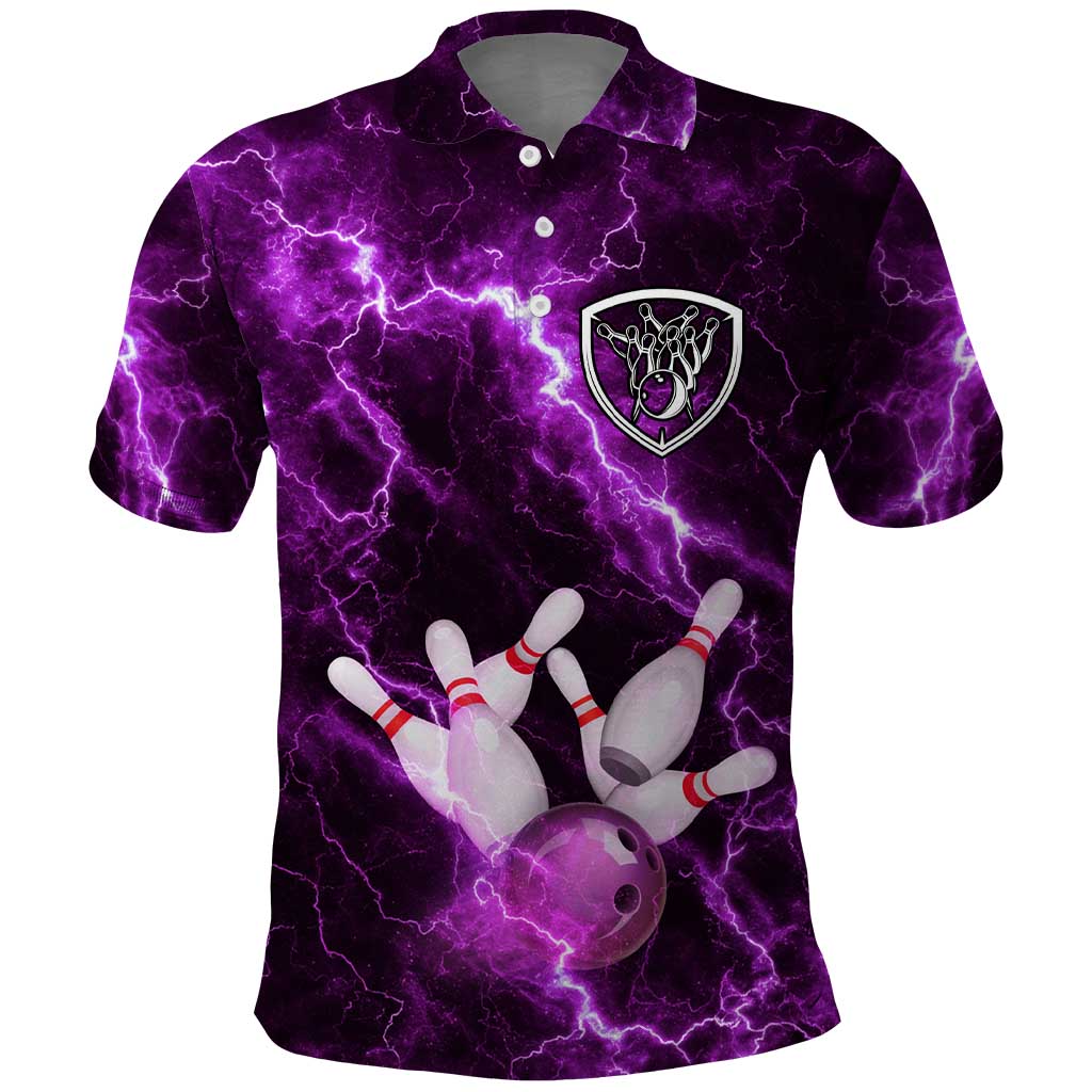 Bowling Ball and Pins Polo Shirt Purple Lightning Background and Custom Name Design - Wonder Print Shop