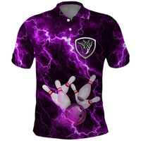Bowling Ball and Pins Polo Shirt Purple Lightning Background and Custom Name Design - Wonder Print Shop