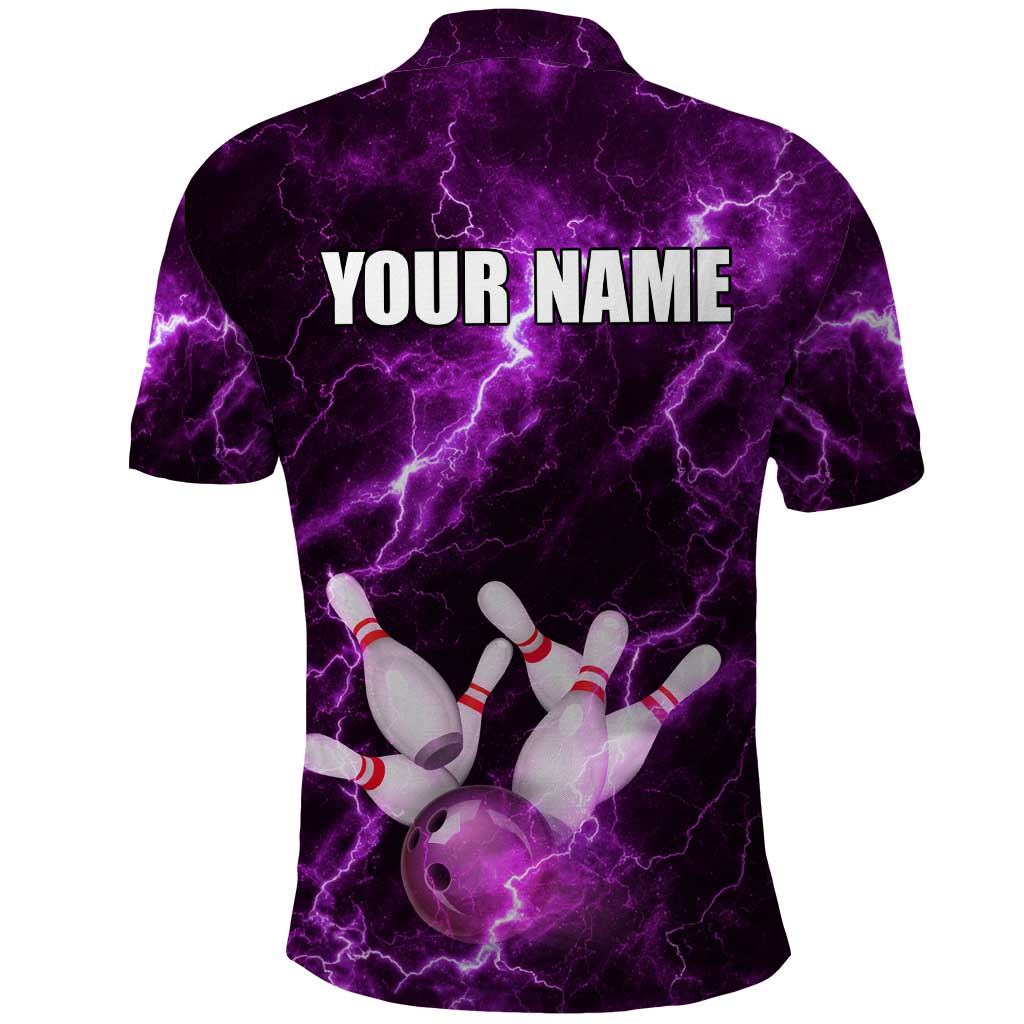 Bowling Ball and Pins Polo Shirt Purple Lightning Background and Custom Name Design - Wonder Print Shop