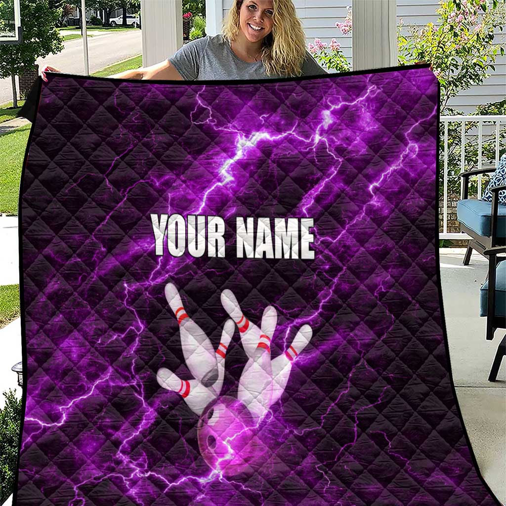 Bowling Ball and Pins Quilt Purple Lightning Background and Custom Name Design - Wonder Print Shop
