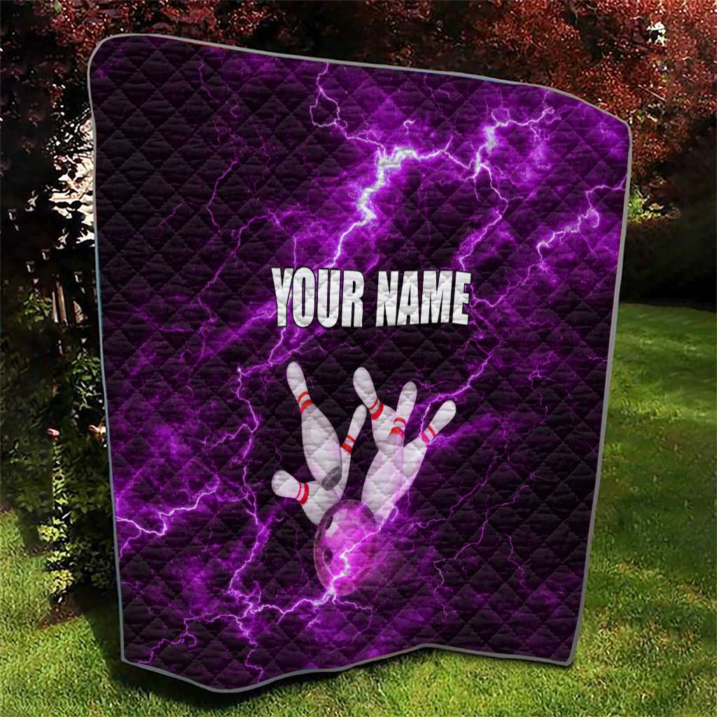 Bowling Ball and Pins Quilt Purple Lightning Background and Custom Name Design - Wonder Print Shop