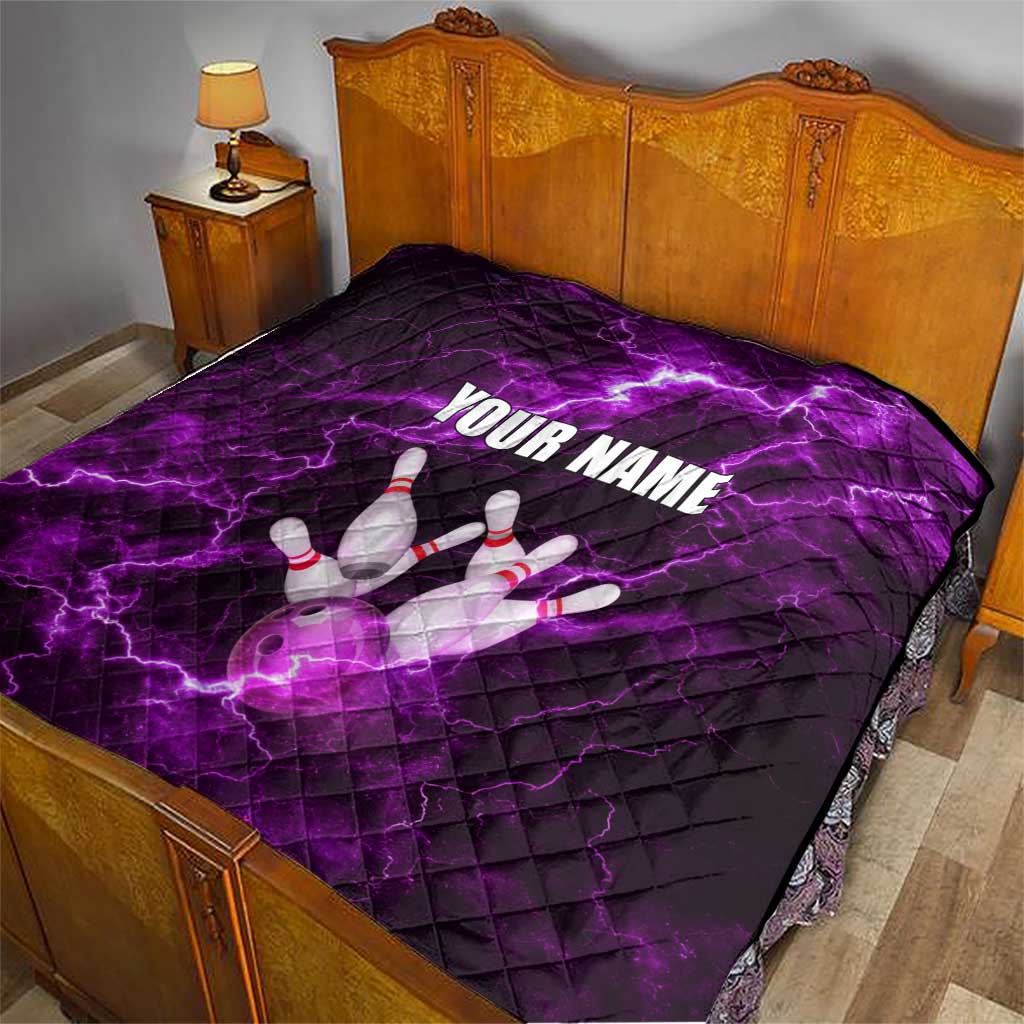 Bowling Ball and Pins Quilt Purple Lightning Background and Custom Name Design - Wonder Print Shop