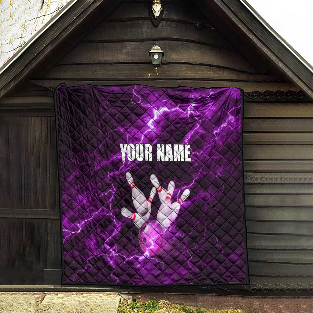 Bowling Ball and Pins Quilt Purple Lightning Background and Custom Name Design - Wonder Print Shop