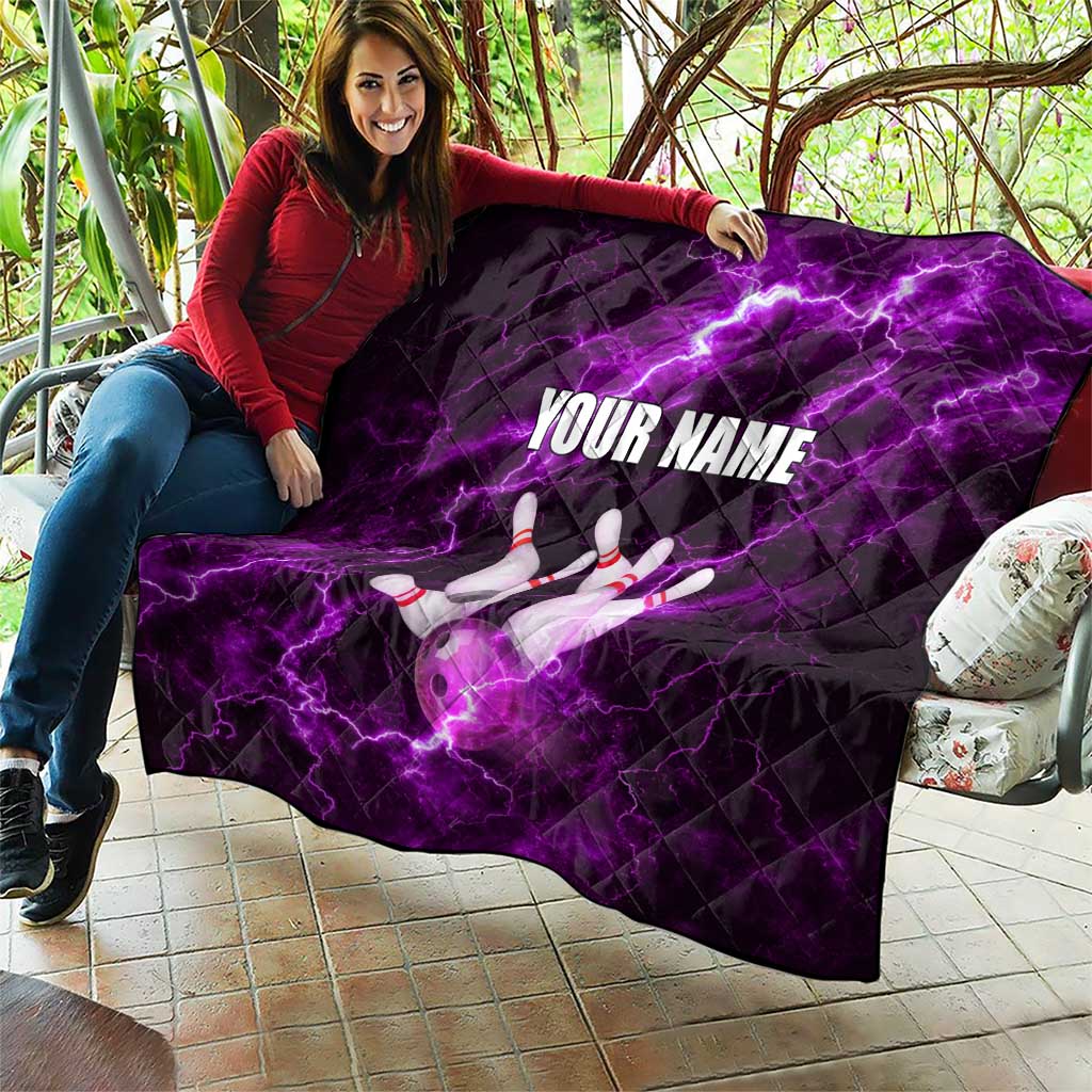 Bowling Ball and Pins Quilt Purple Lightning Background and Custom Name Design - Wonder Print Shop