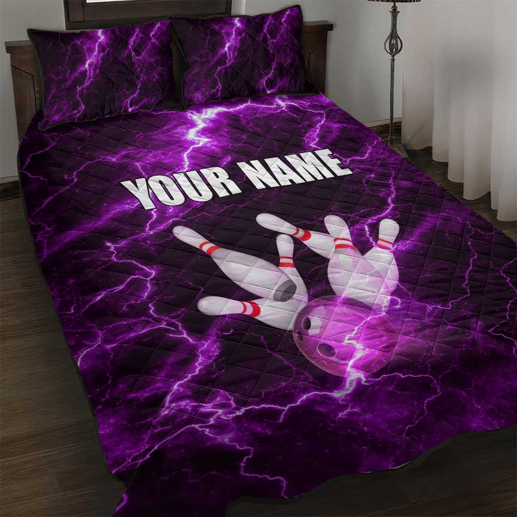 Bowling Ball and Pins Quilt Bed Set Purple Lightning Background and Custom Name Design - Wonder Print Shop