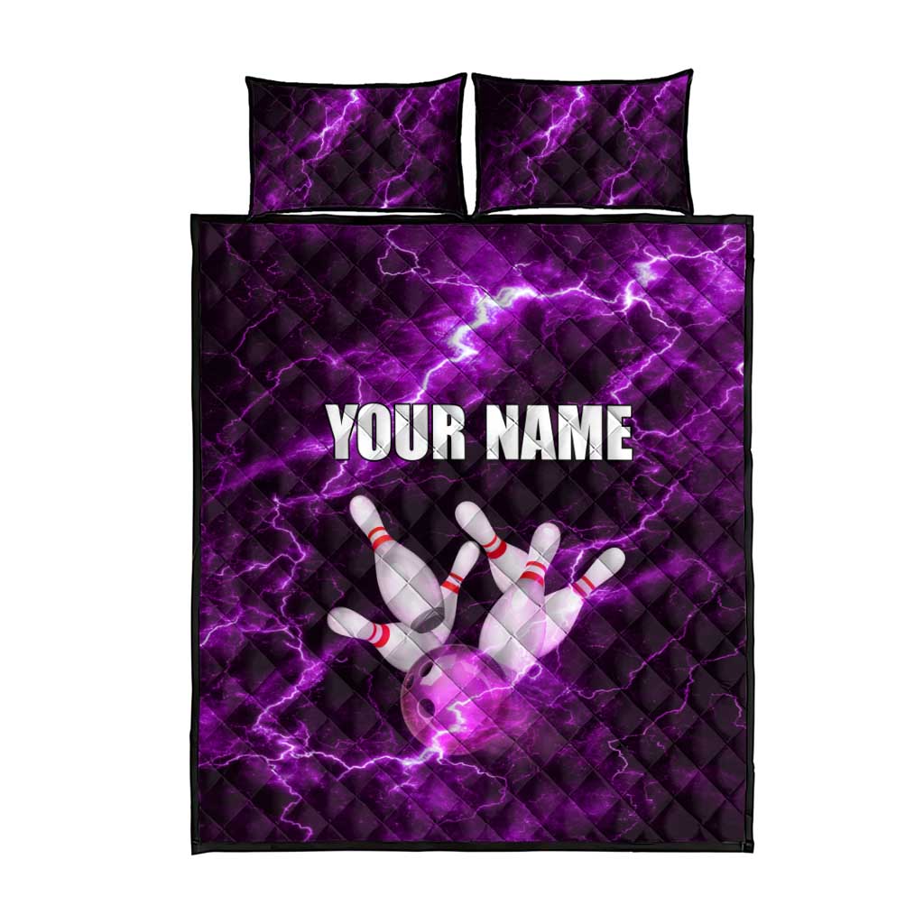 Bowling Ball and Pins Quilt Bed Set Purple Lightning Background and Custom Name Design - Wonder Print Shop