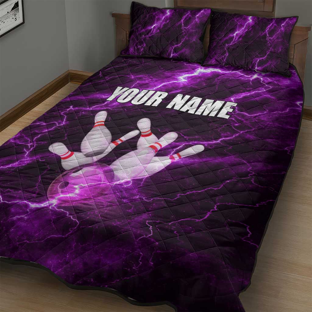 Bowling Ball and Pins Quilt Bed Set Purple Lightning Background and Custom Name Design - Wonder Print Shop