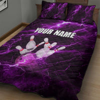 Bowling Ball and Pins Quilt Bed Set Purple Lightning Background and Custom Name Design - Wonder Print Shop