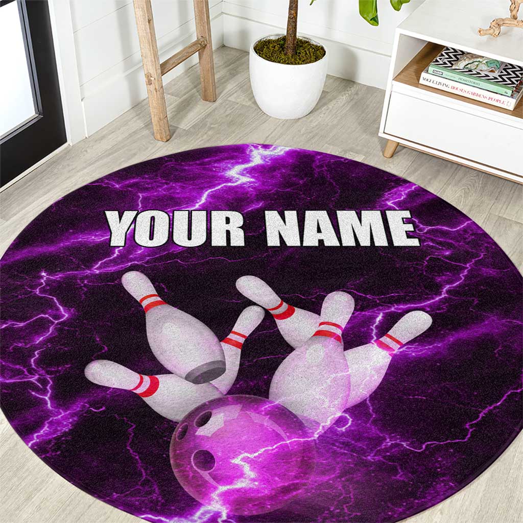 Bowling Ball and Pins Round Carpet Purple Lightning Background and Custom Name Design - Wonder Print Shop