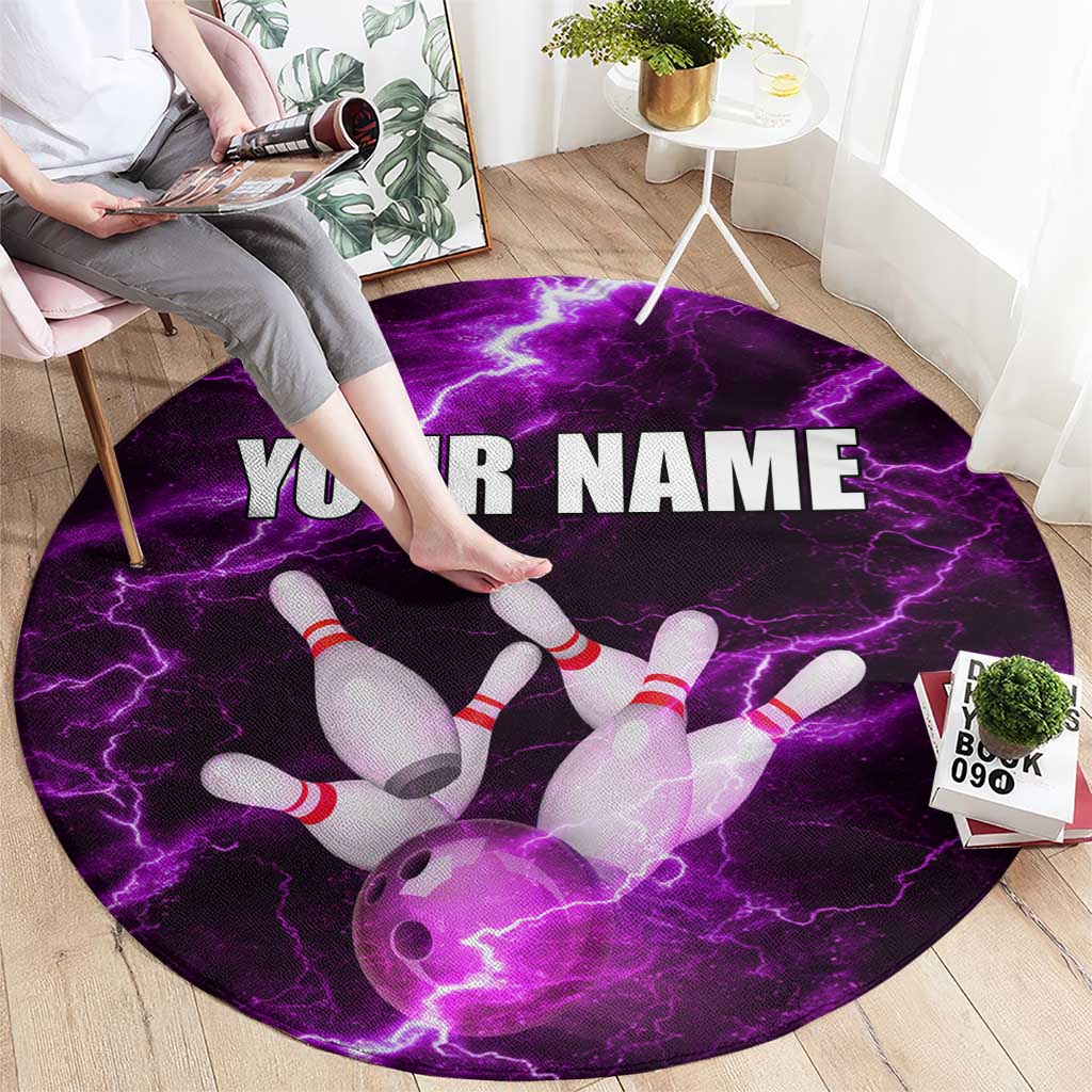Bowling Ball and Pins Round Carpet Purple Lightning Background and Custom Name Design - Wonder Print Shop