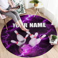 Bowling Ball and Pins Round Carpet Purple Lightning Background and Custom Name Design - Wonder Print Shop