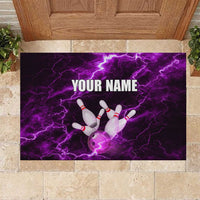 Bowling Ball and Pins Rubber Doormat Purple Lightning Background and Custom Name Design - Wonder Print Shop