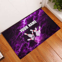 Bowling Ball and Pins Rubber Doormat Purple Lightning Background and Custom Name Design - Wonder Print Shop