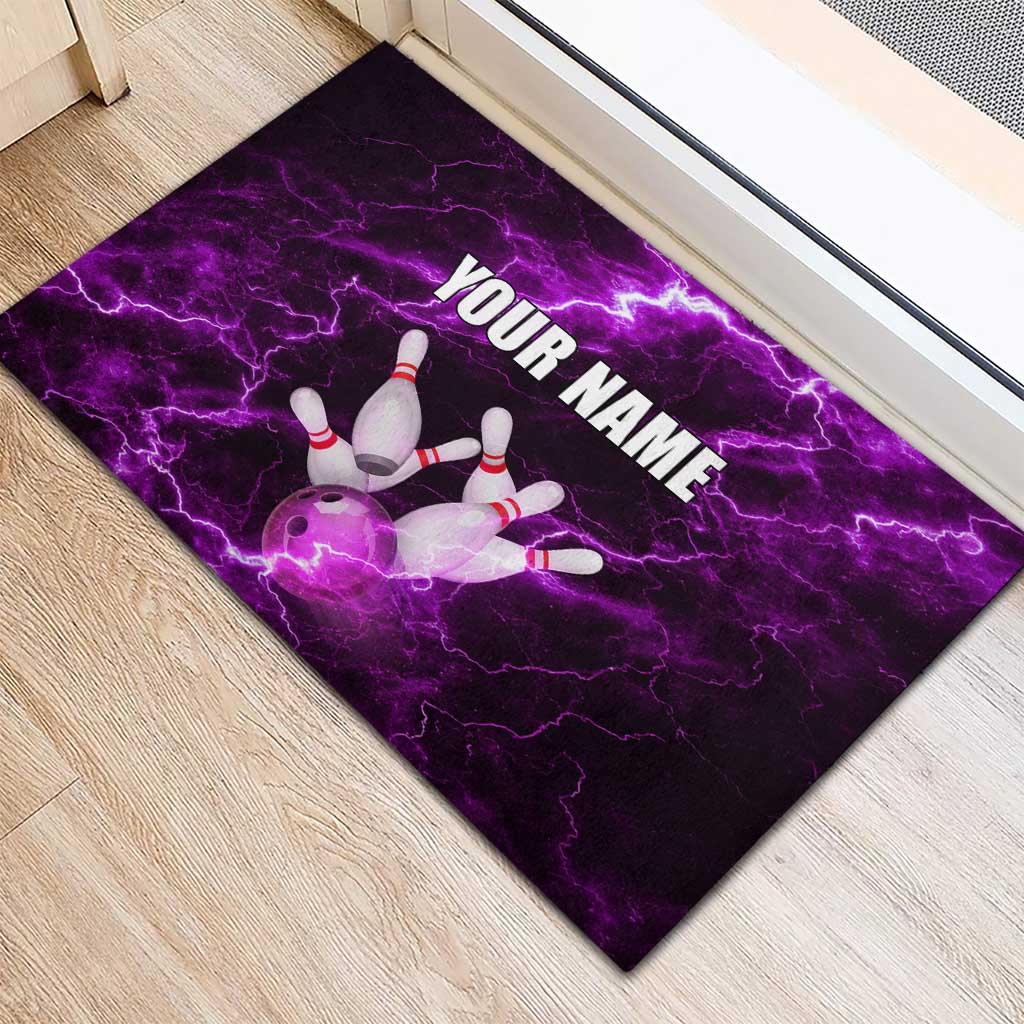 Bowling Ball and Pins Rubber Doormat Purple Lightning Background and Custom Name Design - Wonder Print Shop
