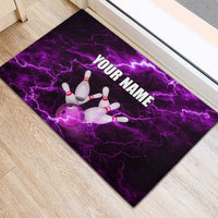 Bowling Ball and Pins Rubber Doormat Purple Lightning Background and Custom Name Design - Wonder Print Shop