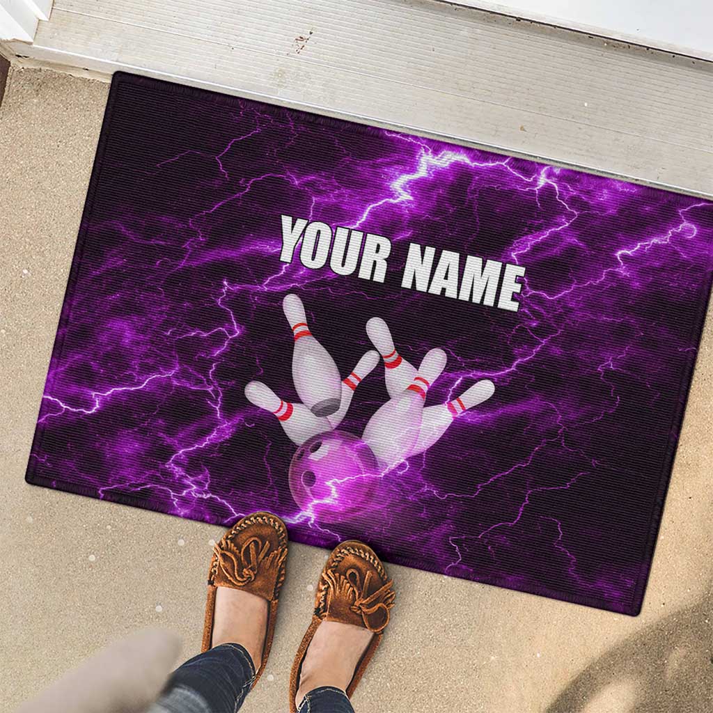 Bowling Ball and Pins Rubber Doormat Purple Lightning Background and Custom Name Design - Wonder Print Shop