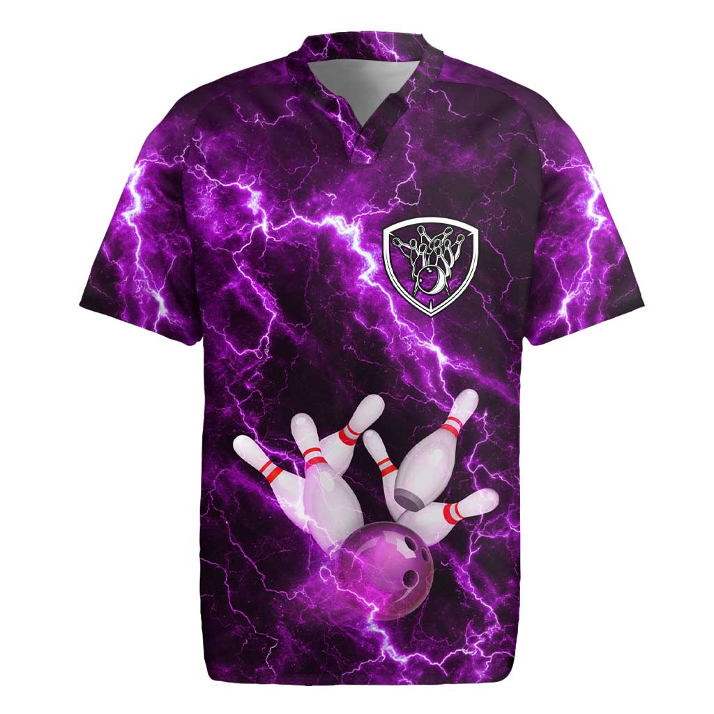 Bowling Ball and Pins Rugby Jersey Purple Lightning Background and Custom Name Design - Wonder Print Shop