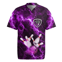 Bowling Ball and Pins Rugby Jersey Purple Lightning Background and Custom Name Design - Wonder Print Shop