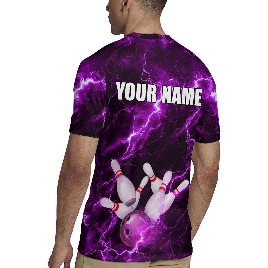 Bowling Ball and Pins Rugby Jersey Purple Lightning Background and Custom Name Design - Wonder Print Shop
