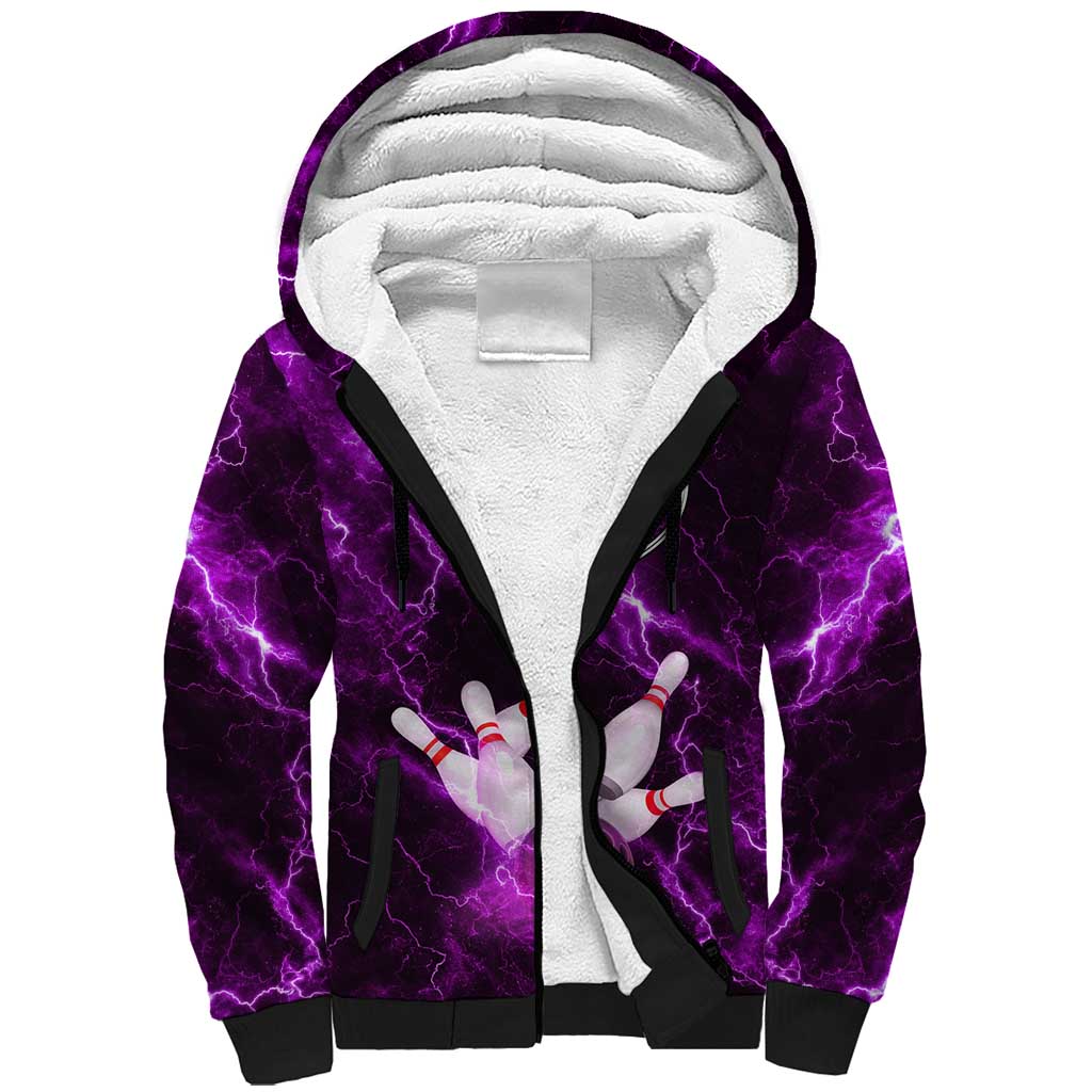 Bowling Ball and Pins Sherpa Hoodie Purple Lightning Background and Custom Name Design - Wonder Print Shop