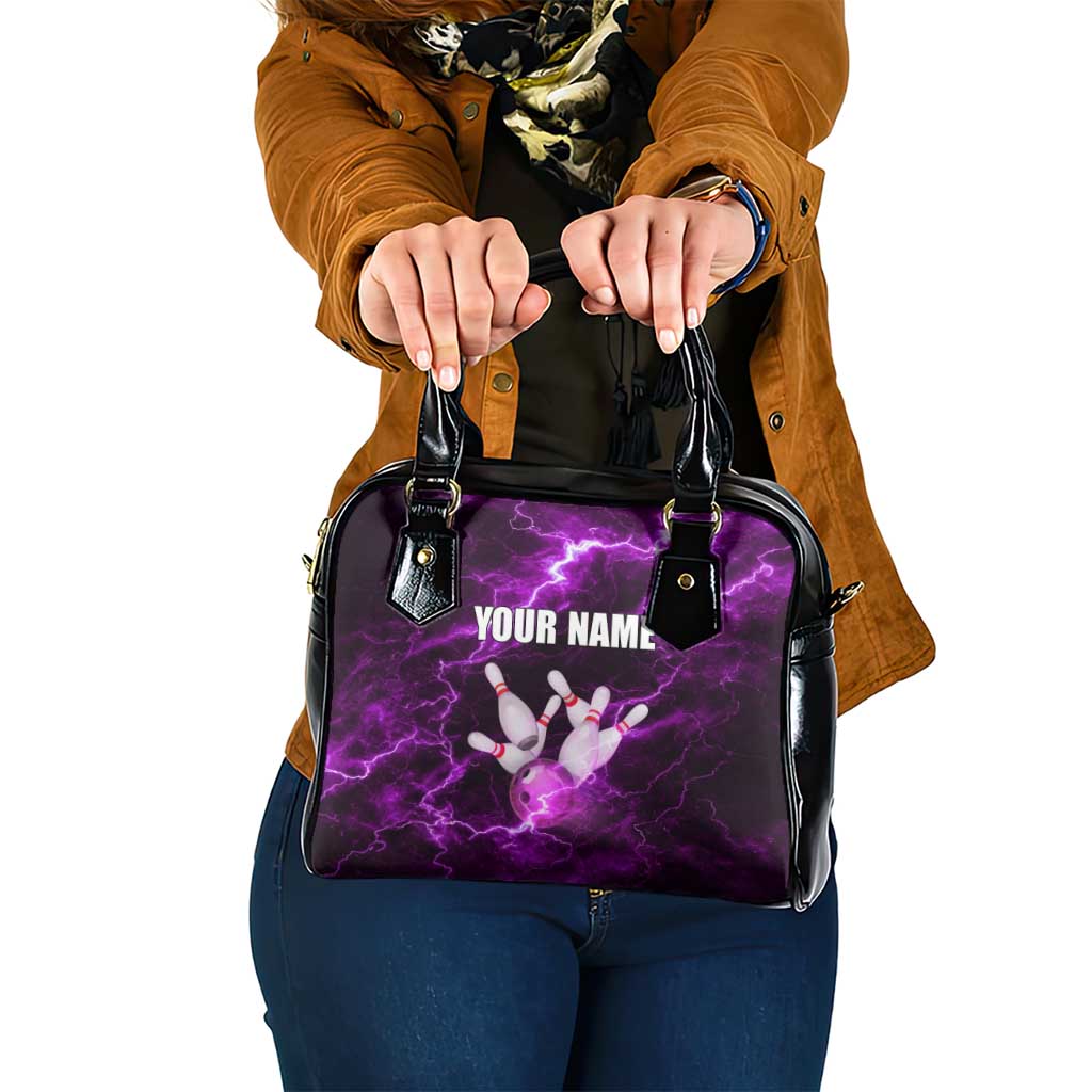 Bowling Ball and Pins Shoulder Handbag Purple Lightning Background and Custom Name Design - Wonder Print Shop